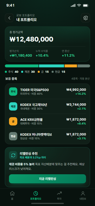 자산리치 — 로보어드바이저 투자 앱 화면