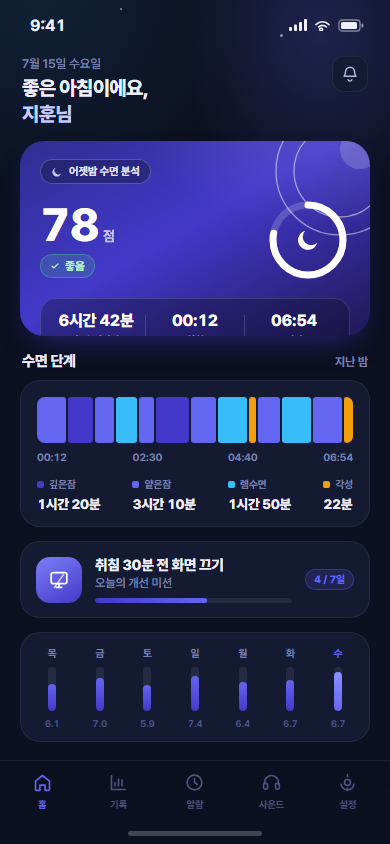 도지 — 수면 추적·개선 코칭 앱 화면