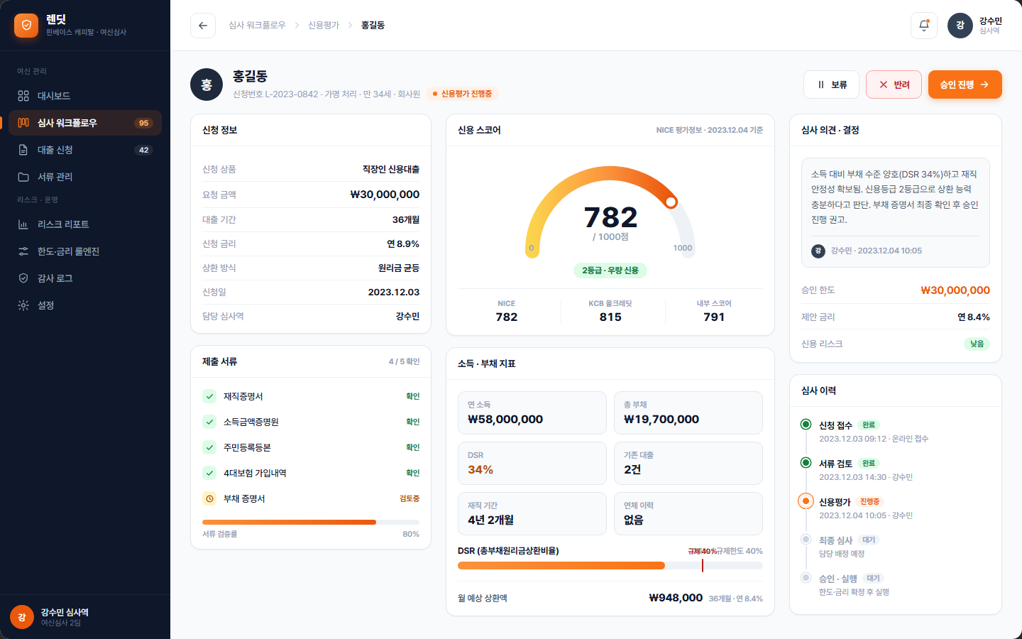렌딧 — 여신심사 워크플로우 어드민 화면
