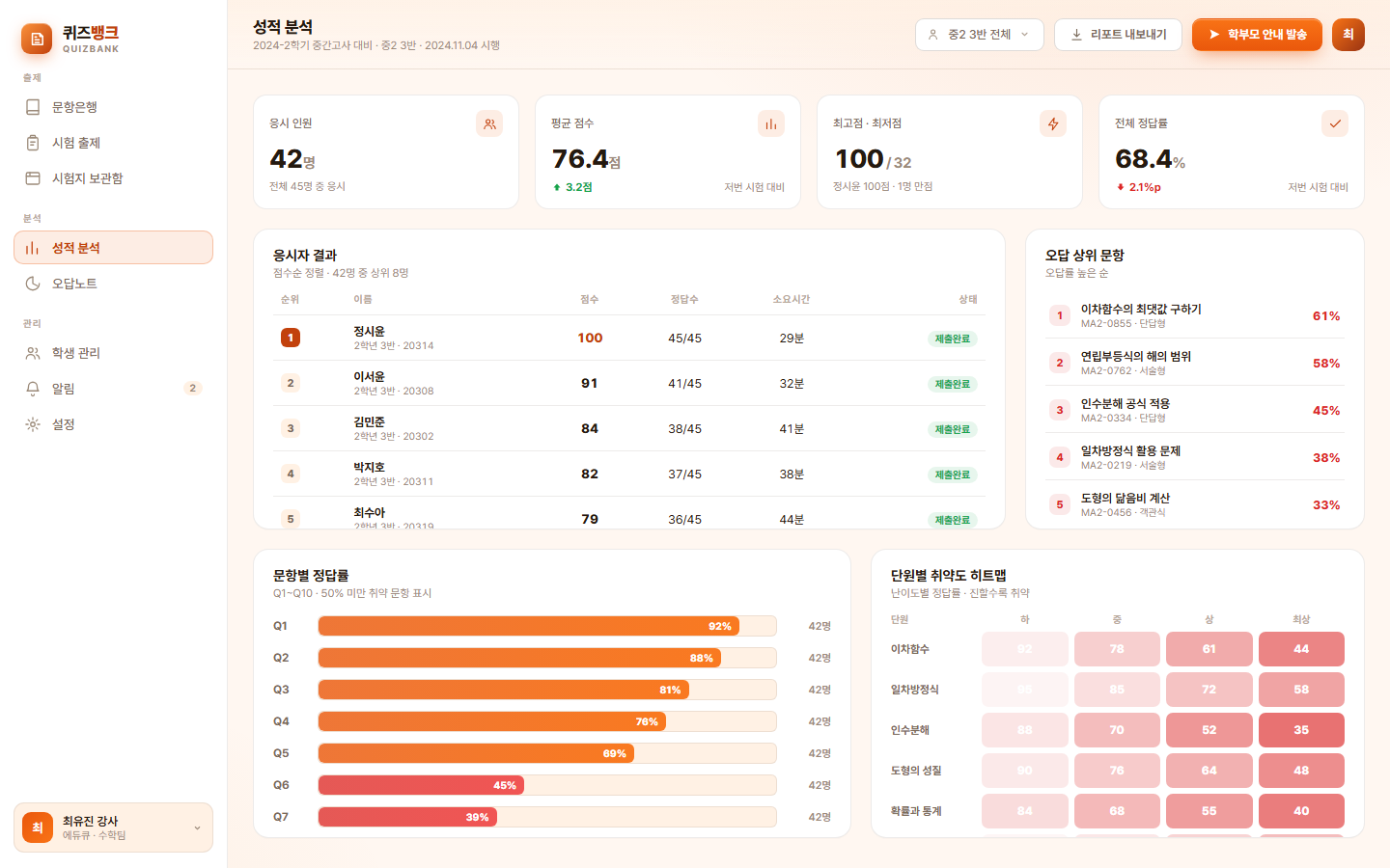 퀴즈뱅크 — 학원용 문제은행·시험 출제 도구 화면