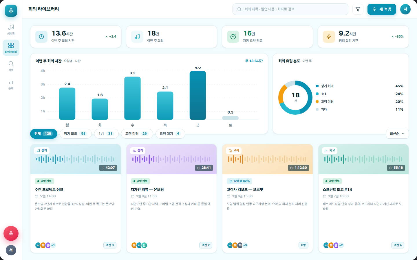 보이스노트 — AI 회의록·음성 요약 화면