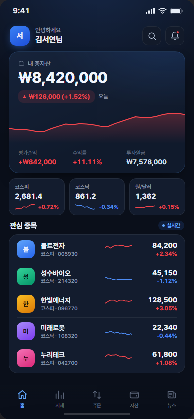 워치 — 증권 투자·주식 앱 화면